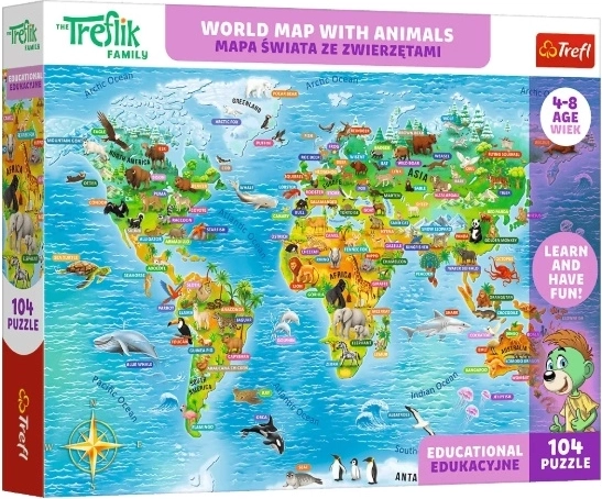 Dětské vzdělávací puzzle Mapa světa se zvířaty (104 dílků)