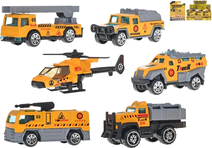 Kovová stavební vozidla 7–8,5 cm – sada 18 ks