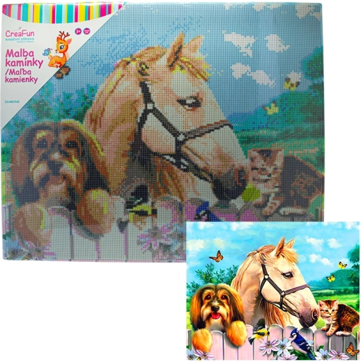Diamantové malování – kluk, pes a kočka 40 × 50 cm