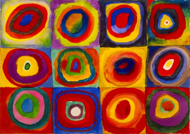Puzzle 1000 dílků – Wassily Kandinsky: Studie barev – Čtverce s kruhy