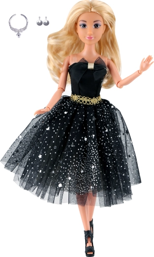 Módní panenka v krátkých černých společenských šatech