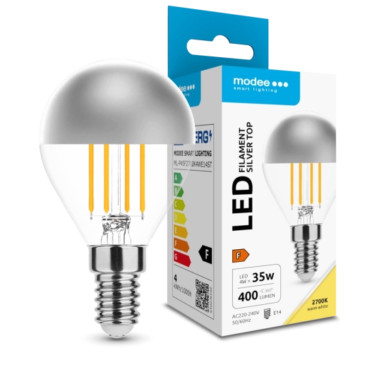Modee LED žárovka Filament Globe Mini P45 Silver Top 4 W E14, 400 lm, teplá bílá