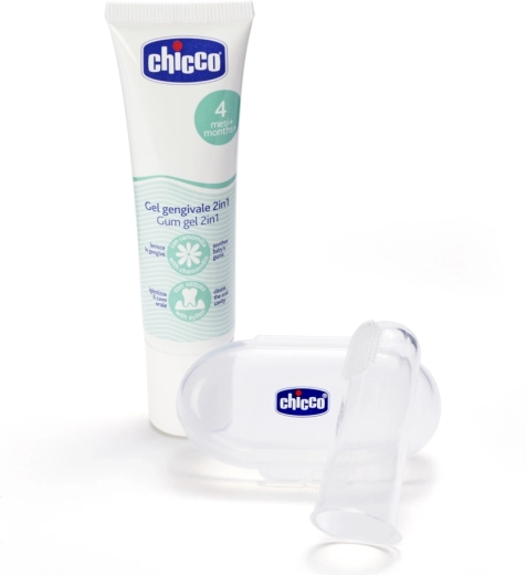 Chicco zklidňující gel na dásně a silikonový kartáček na prst s pouzdrem pro miminka 4m+