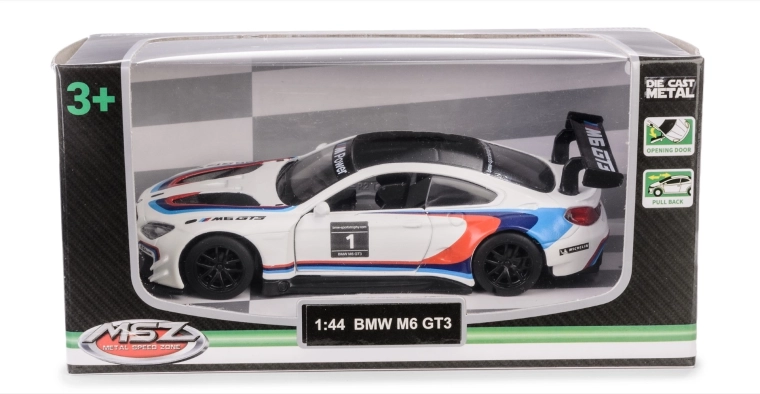 Model bmw m6 gt3 1:44 s otevíracími dveřmi a pull-back mechanismem