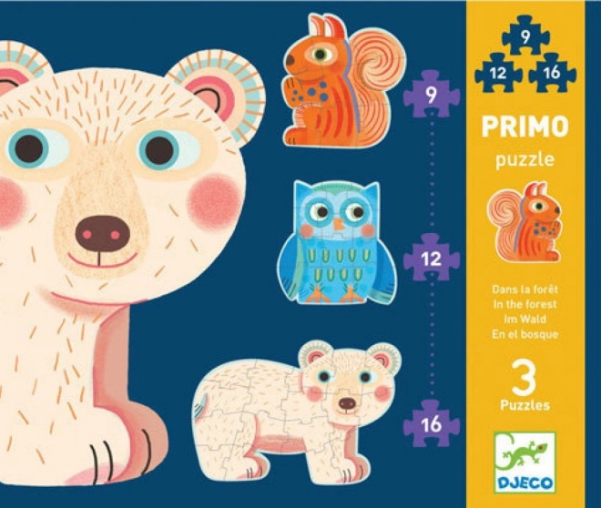 DJECO puzzle V lese 3v1 – obrysová zvířátka pro děti (9, 12, 16 dílků)