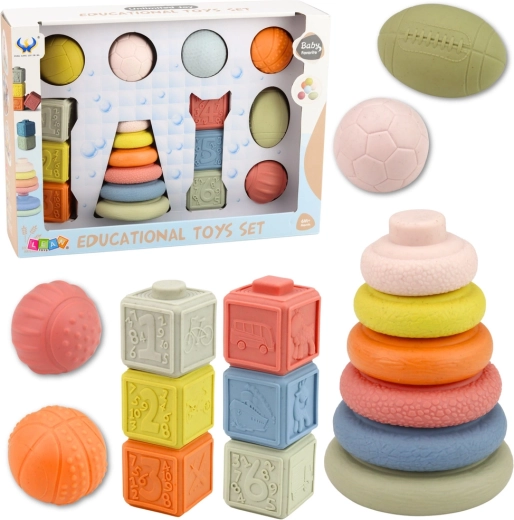 Senzorický set pro miminka – měkké míčky, číslicové kostky a stohovací kroužky, 18 ks