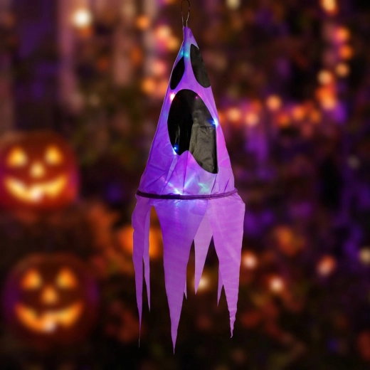 Halloweenová závěsná světelná dekorace duch fialová s 10 barevnými LED