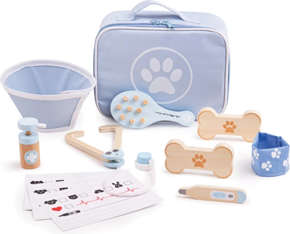Bigjigs Toys veterinární set pro děti – dřevěná sada pro mazlíčky, 12 ks
