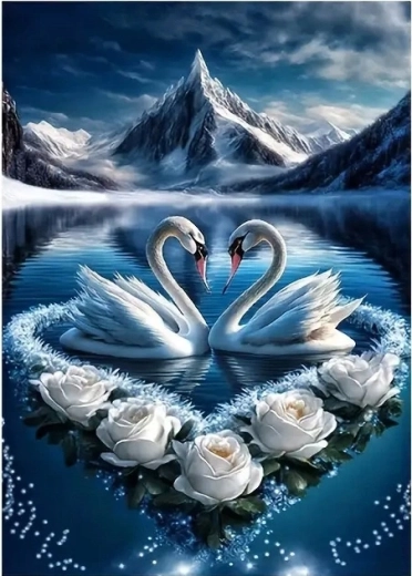 Diamantové malování – labutě a bílé květiny 30 × 40 cm