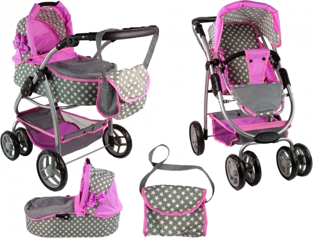 Kočárek pro panenky 2 v 1 růžový s motivem hvězdiček