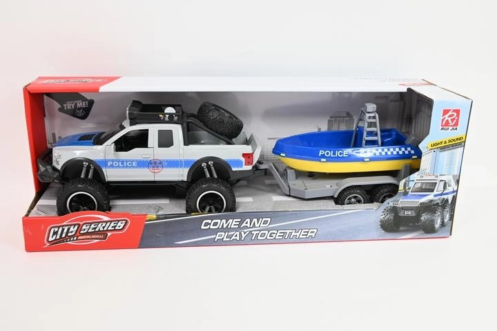 Policejní terénní auto s přívěsem a záchranným člunem se světlem a zvukem