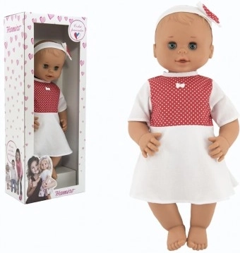 Panenka Hamiro mrkací 50 cm s pevným tělem a bílými šaty s červenými puntíky