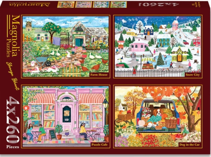 Magnolia puzzle venkovská usedlost, zasněžené město, kouzelná kavárna a psí spolujezdec (4x260 dílků)