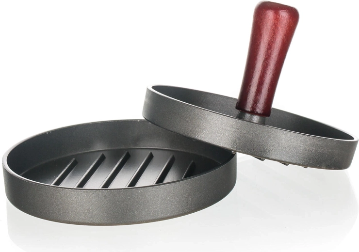Tvořítko na hamburgery 12 cm s hliníkovým tělem a dřevěným madlem