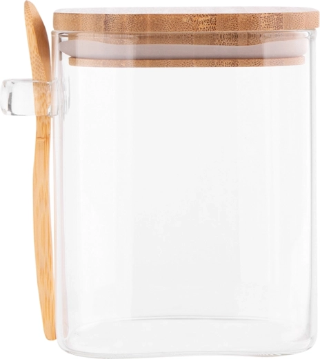 Čtvercová dóza z borosilikátového skla 800 ml s bambusovým víčkem a lžičkou