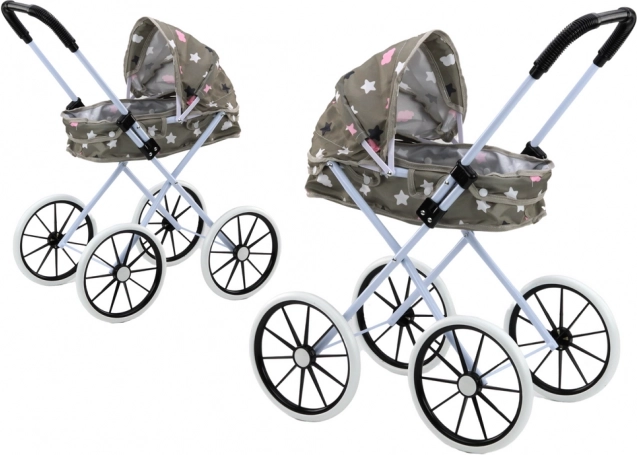 Kočárek pro panenky se skládací střechou, velká pěnová kola, šedý s hvězdičkami