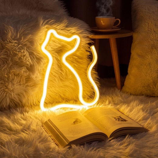 Neonová LED lampa kočka s teplým bílým světlem
