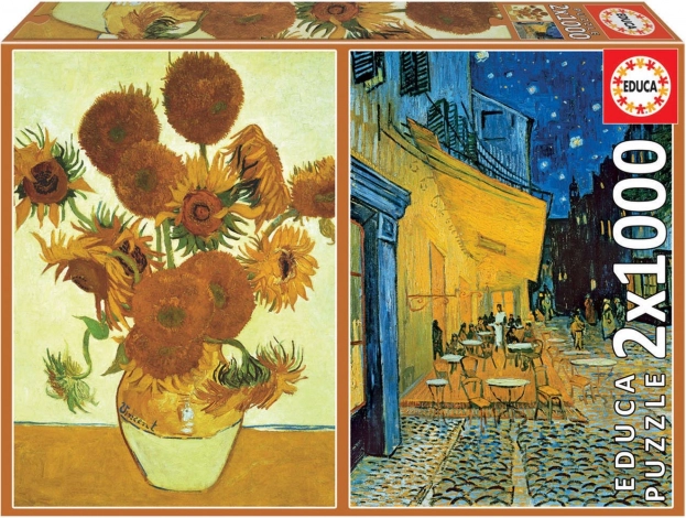 Puzzle Slunečnice a Terasa Kavárny v Noci 2x1000 Dílky
