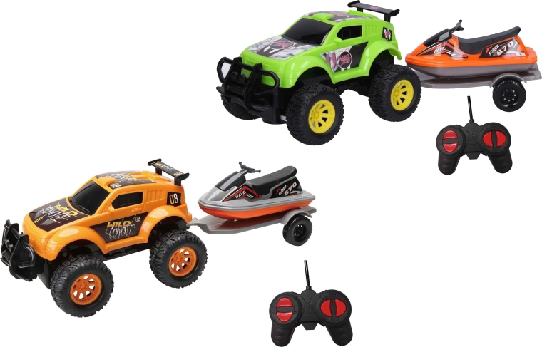 RC terénní auto s vodním skútrem na přívěsu