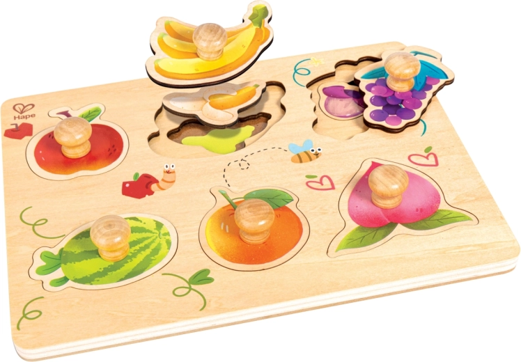 Dřevěné vrstvené puzzle ovoce Hape s úchyty