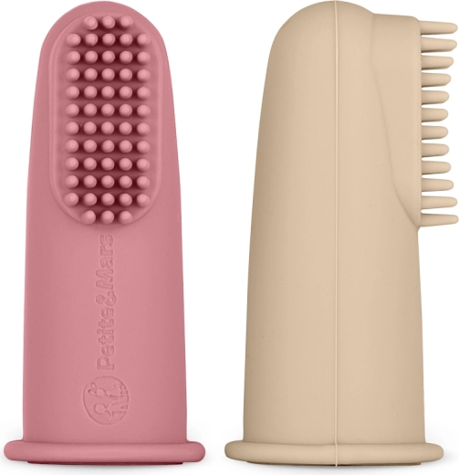 Sada silikonových kartáčků na prst pro miminka PETITE&MARS, růžová a písková, 2 ks