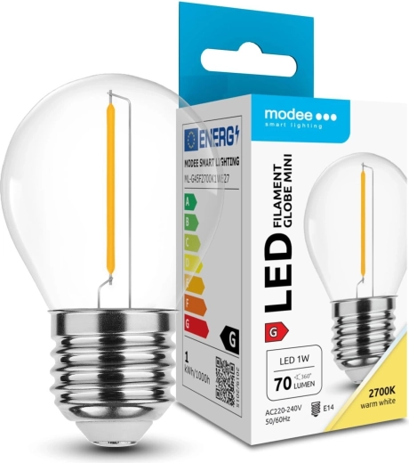 Modee LED filament mini žárovka G45 1W E27, teplá bílá 2700K, 70 lm