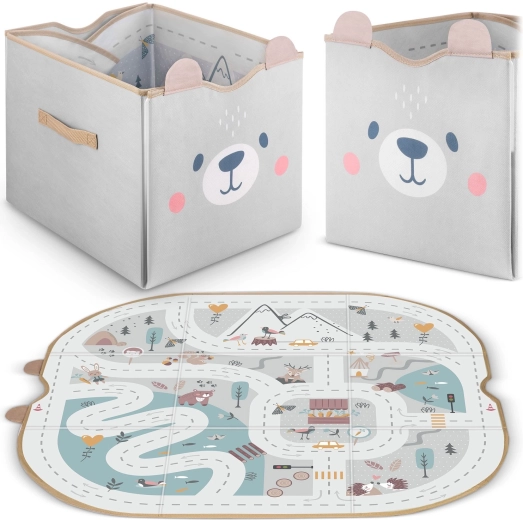 Textilní koš na hračky a hrací podložka 2v1 – šedý