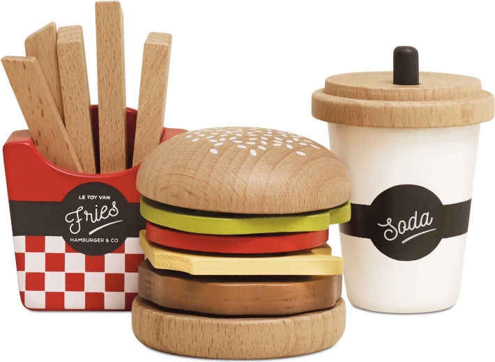 Dřevěný herní set 3v1 hamburger, hranolky a nápoj Le Toy Van