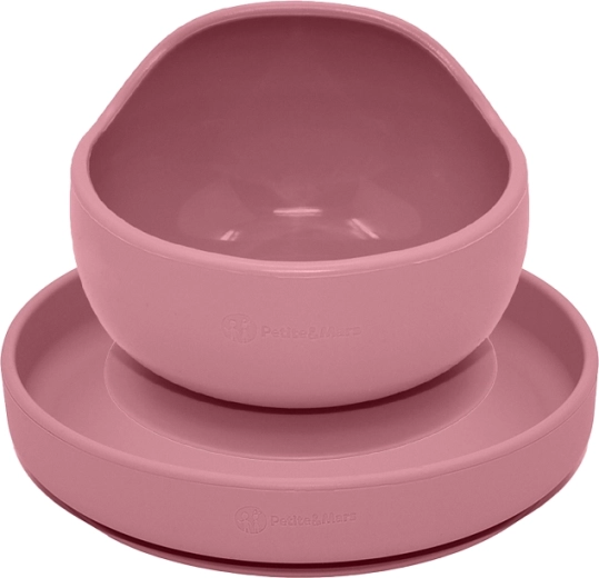 Petite&Mars silikonový jídelní set Take&match, talíř a miska, dusty rose, 2 ks (6 m+)