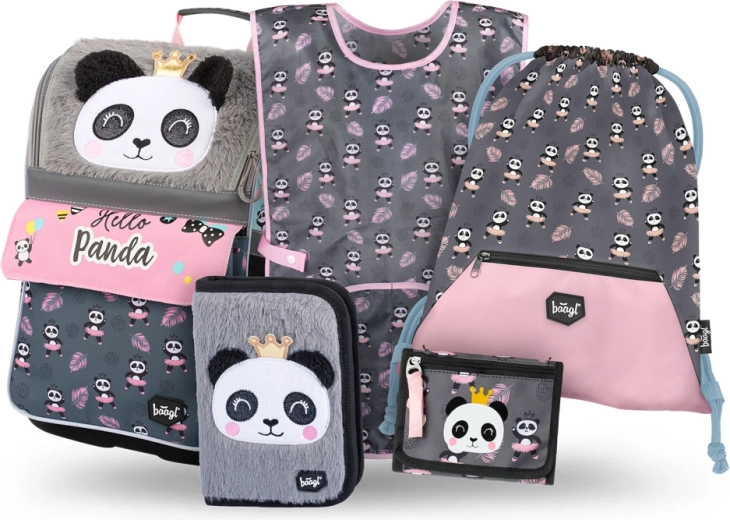 Školní set BAAGL Zippy Panda – aktovka, penál, sáček, zástěra a peněženka
