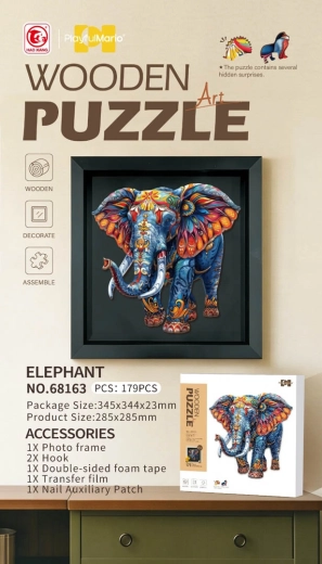 Dřevěné puzzle slon 179 dílků s rámečkem