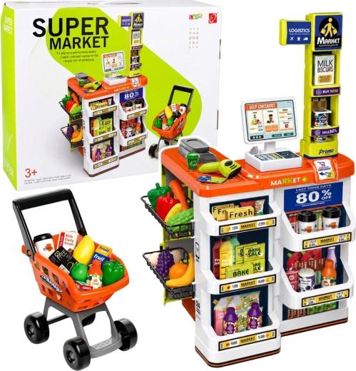 Dětský supermarket s pokladnou, skenerem a nákupním vozíkem (cca 60 dílů)