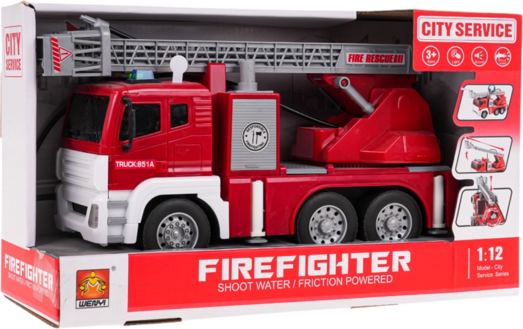 Interaktivní hasičské auto s funkcí světel, zvuku a vody v měřítku 1:12