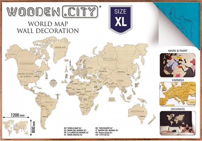 Dřevěná mapa světa na 3D stěnu XL – přírodní tyrkysová
