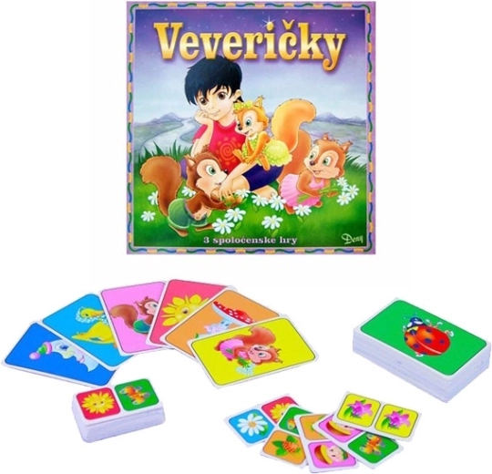 Hra Veveričky – pexeso, černý Petr a domino (pro 2–4 hráče)