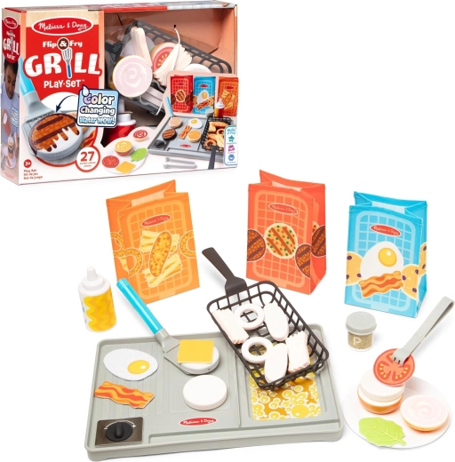 Melissa & Doug Flip & Fry grilovací sada s jídlem měnícím barvu, 27 dílů