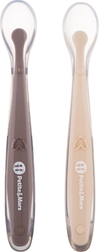 Petite&Mars silikonové lžičky s cestovním pouzdrem Take&Match sand cocoa, 2 ks