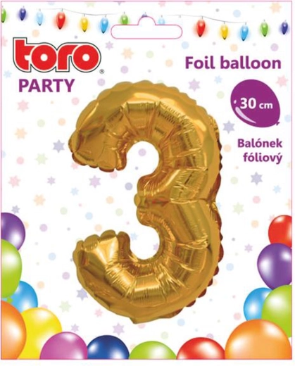 Fóliový balónek číslice 3, 30 cm, zlatý TORO