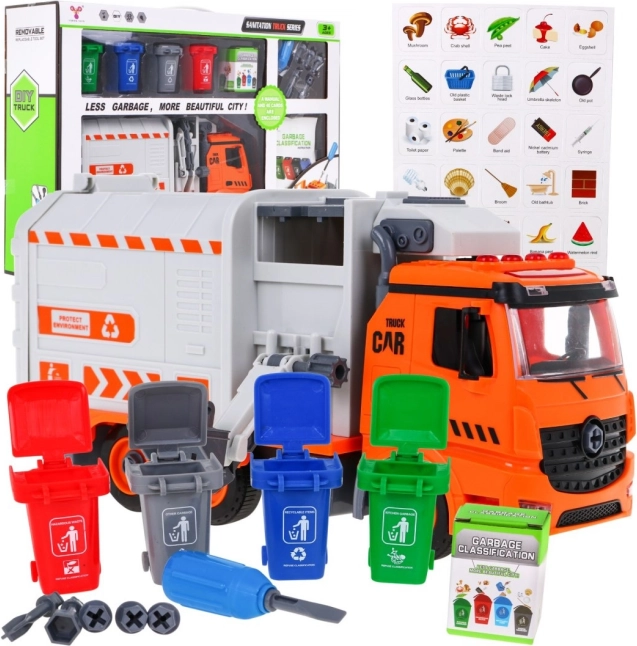 Interaktivní popelářské auto pro děti 3+ s 4 kontejnery a kartičkami na třídění odpadu