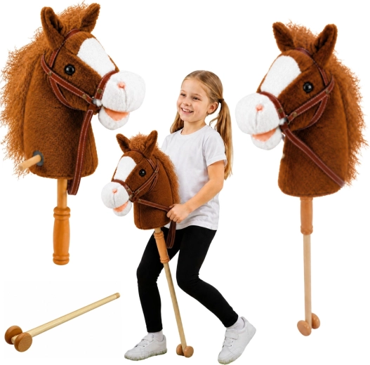Hobby horse na tyči s dřevěnou rukojetí, zvuky cvalu a řehtání, hnědý 100 cm