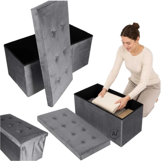 Skládací velurová pufa s úložným prostorem šedá 77 × 38 × 37 cm