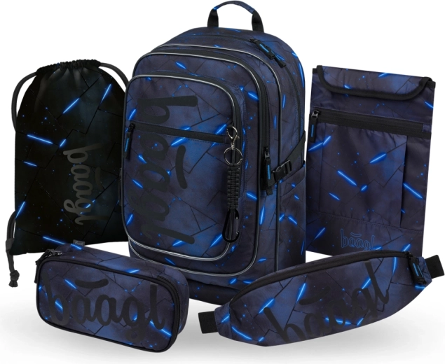 Školní set BAAGL Cubic Flash 5dílný: batoh, penál, sáček na přezůvky, ledvinka a ploché pouzdro GRS