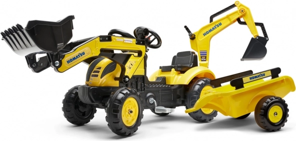 Šlapací traktor KOMATSU s přední lžící, zadním bagrem a přívěsem FALK