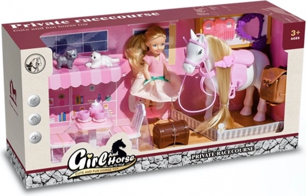 Hrací set s panenkou, koníkem a koťátky