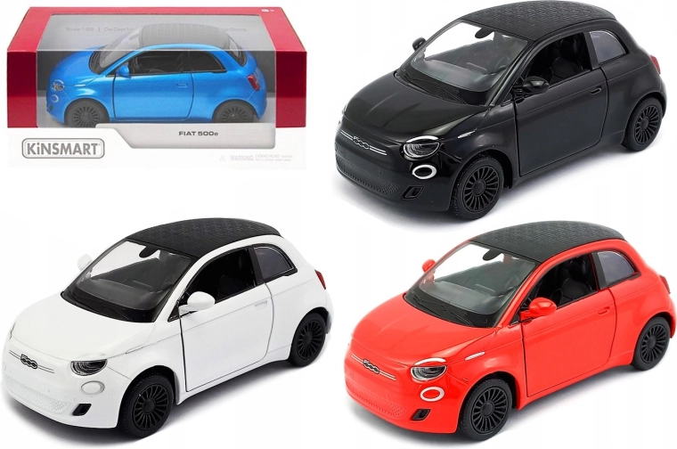 Kinsmart Fiat 500e kovový model 1:28 s natahovacím pohonem