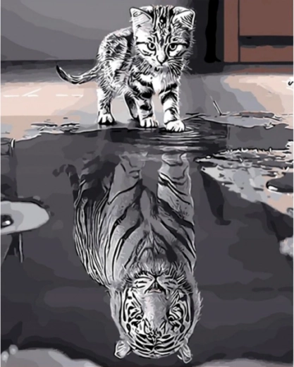 Diamantové vyšívání (diamond painting) zrcadlový odraz – kotě a tygr - 1 kus