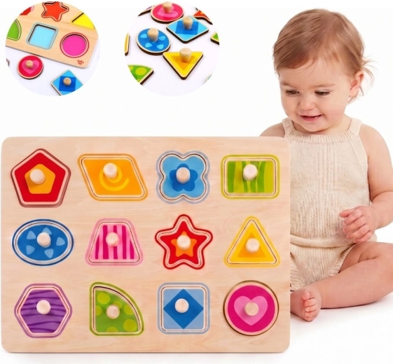 Tooky Toy Montessori dřevěné vkládací puzzle tvary s úchyty - 1 kus