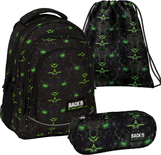 Školní set BackUP monster green 3v1 – batoh, penál a vak