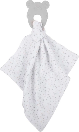 NATTOU silikonové kousátko s bavlněnou mušelínovou dečkou 28 × 28 cm, šedé