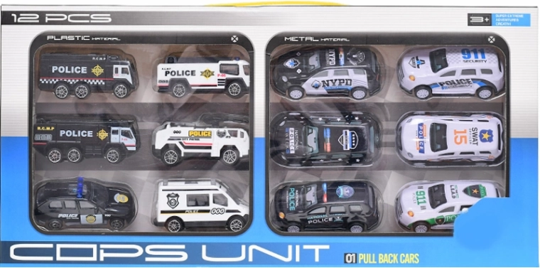 Sada policejních autíček 12 ks s volným a zpětným chodem